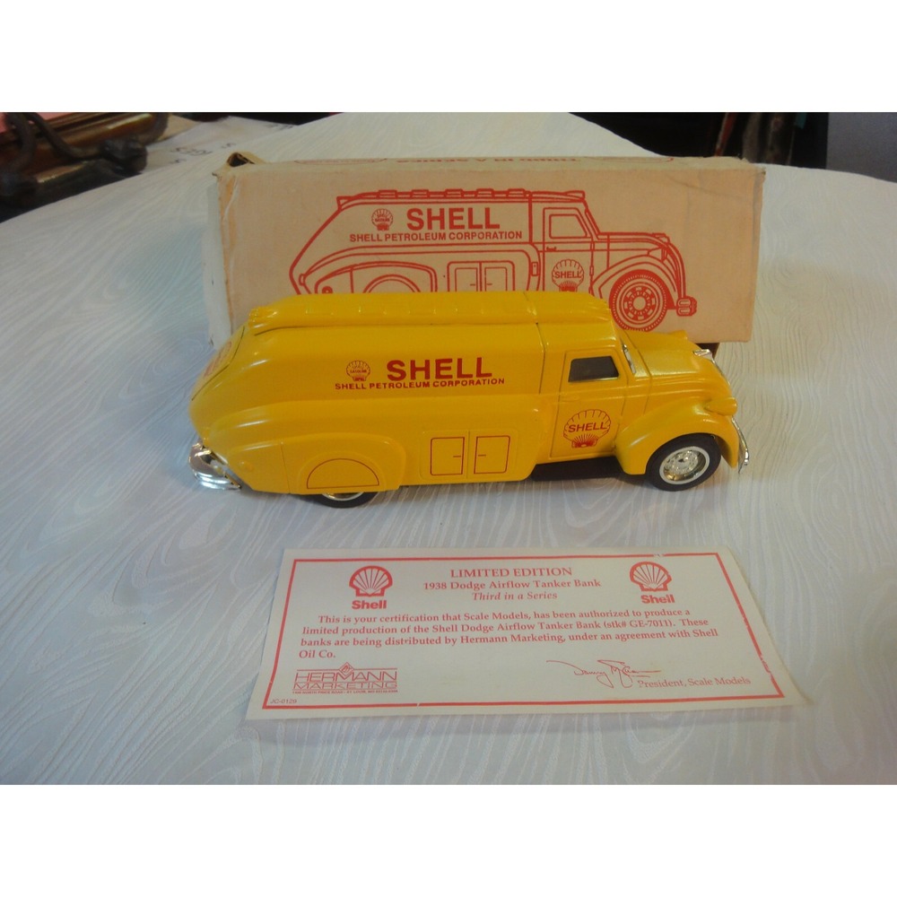 USA MADE SHELL GAS Diecast Scale‎ Models 1938 Yellow Dodge Airflow Tanker Bank